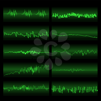 Green Sound Waves Set. Screen of Equalizer. Musical Vibration Graph. Radio Wave Amplitude