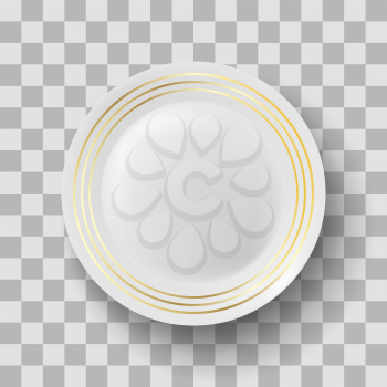White Ceramic Plate with Gold Yellow Border on Checkered Background
