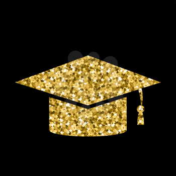 Yellow Glitter Graduation Cap Icon Isolated on Black Background