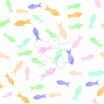 Colored Fish Silhouettes Seamless Pattern on White Background