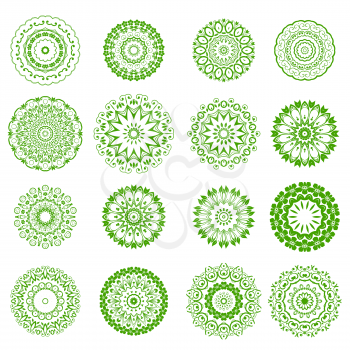 Set of Green Floral Ornaments Isolated on White Background