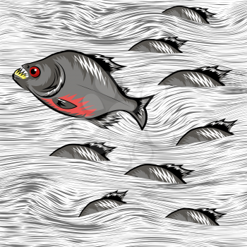 Cartoon Fish Swimming on Water Line Background