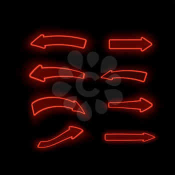 Set of Different Neon Red Arrows Isolated on Black Background