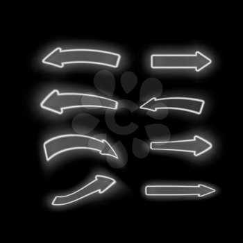 Set of Different Neon White Arrows Isolated on Black Background