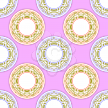 Ceramic Ornamental  Plate Seamless Pattern on Pink Background. Top View