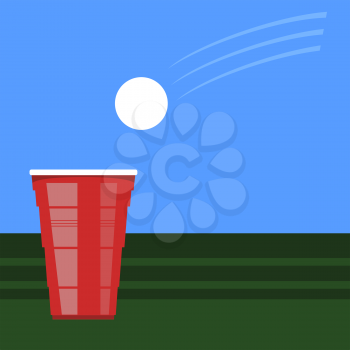 Beer Pong Tournament. Red Plastic Cup and White Tennis Ball on Green Table. Fun Game for Party. Traditional Drinking Time.