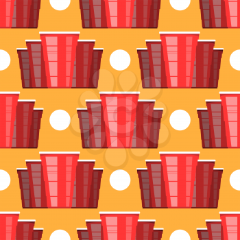 Beer Pong Tournament. Red Plastic Cup and White Tennis Ball on Orange Background. Fun Game for Party. Traditional Drinking Time.