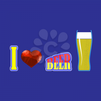 Beer Glass and Red Polygonal Heart on on Blue Background