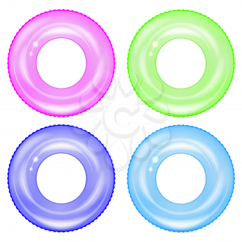 Set of Colorful Swim Rings Isolated on White Background. Inflatable Rubber Toys. Summer Colored Lifebuoy Set. Realistic Ring for Water Game. Symbol of Summer Vacation or Trip Safety.
