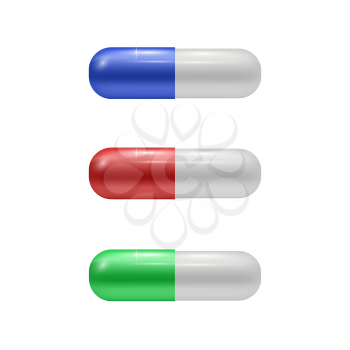 Set of Colored Medical Pills Isolated on White Background. Drugs Set. Medicine Capsules of Medication. Colored Pharmaceutical Antibiotics.
