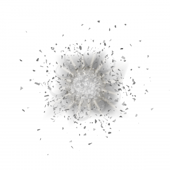 Explosion Cloud of Grey Pieces on White Background. Sharp Particles Randomly Fly in the Air.