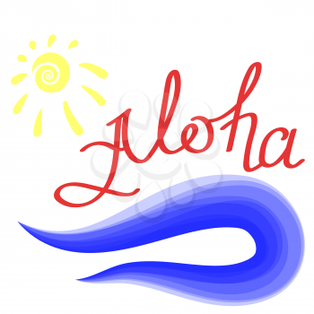 Lettering Aloha Text with Sea and Sun. Hand Sketched Aloha Typography Sign for Badge, Icon, Banner, Tag, Illustration, Postcard Poster