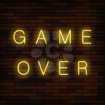 Retro Glass Neon Game Over Sign on Solid Red Brick Wall Background. Gaming Concept. Video Game Screen.