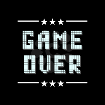 Retro Pixel Game Over Sign with Stars on Black Background. Gaming Concept. Video Game Screen.