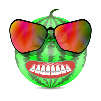 Cartoon Watermelon Icon with Sunglasses and Braces Teeth Isolated on White Background. Medical Braces Teeth. Dental Care Background. Orthodontic Treatment. Cartoon Opening Mouth.