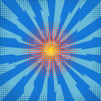 Explode Flash, Cartoon Explosion, Space Burst Effect, Comic Bomb, Star Explosion on Blue Backgground.