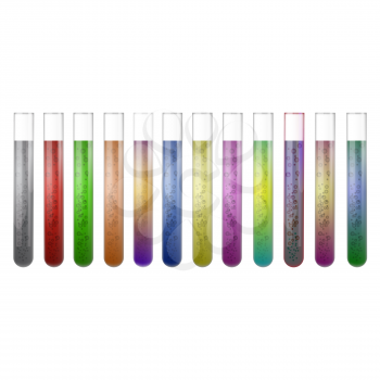 Chemical Test Tube Set with Colored Liquids on White Background