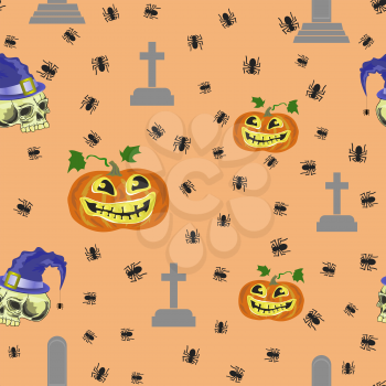 Halloween Decoration Seamless Pattern with Pumpkin Isolated on Orange Background.