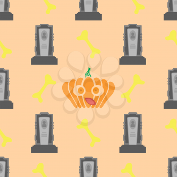Halloween Decoration Seamless Pattern with Natural Pumpkin and Gravestone Isolated on Orange Background.