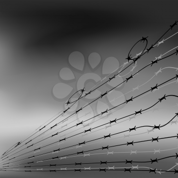 Barbed Wire Fence on Blurred Grey Background. Stylized Prison Concept. Symbol of Not Freedom.