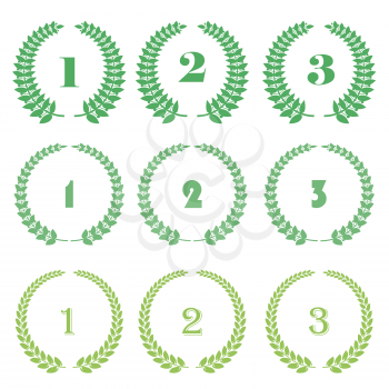 Green Leaves. Different Wreath. Award Icon. Placement in a Sporting Competition Contest or Business and Education Challenge. Round Label with Laurel Whreat for First Place.