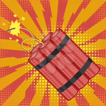 Bomb Icon on Red Halftone Background. Detonate Dynamite Concept. TNT Red Stick. Design Element for Flyer and Poster. Explode Flash, Burn Explosion.