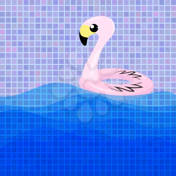 Inflatable Pink Flamingo Toy on Colored Square Background. Swimming Pool Ring for Kids. Rubber Tropical Bird Shape.