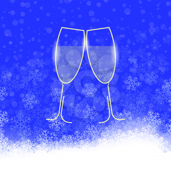 Two Sparkling Glasses on Blue Falling Snowflake Background. Champagne Celebration. Happy New Year. Alcoholic Fizzy Drink. Congratulations. Cheers.