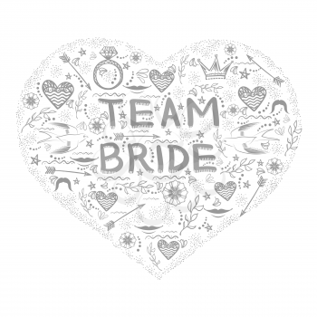 Bachelorette Party. Team Bride Text Doodle Style. Hand Written Card for Bridal Shower or Hen Party. Wedding Design.