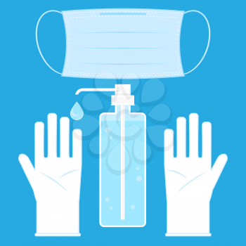 Hand Wash Gel Icon. Medical Sanitizer Symbol. Liquid Soap with Pumping from Bottle for Desinfection. Plastic Dispenser. Cleanser for Hygiene. Mask and Cloves.