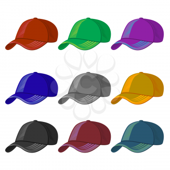 Set of Colored Baseball Caps Isolated on White Background.