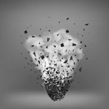 Explosion Cloud of Black Pieces on Gray Background. Sharp Particles Randomly Fly in the Air. Big Explosion.
