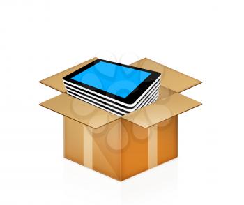 tablet pc in cardboard box on a white background