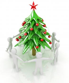 3D human around Christmas tree on a white background