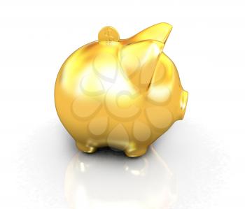 Financial, savings and business concept with a golden piggy bank or money box on white background. 