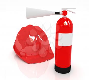 Red fire extinguisher and hardhat on a white background