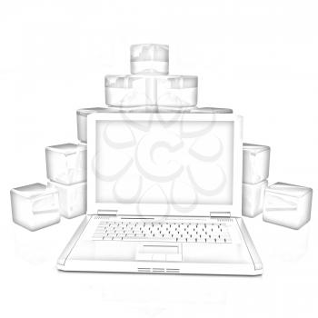 Cubic diagram structure and laptop. On a white background