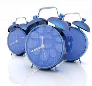 3d illustration of glossy alarm clocks against white background 