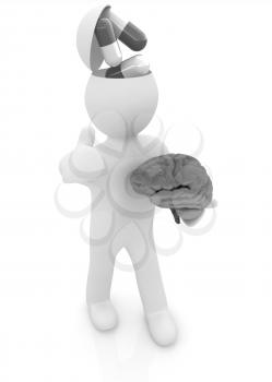 3d people - man with half head, brain and trumb up. Medical concept with tablets