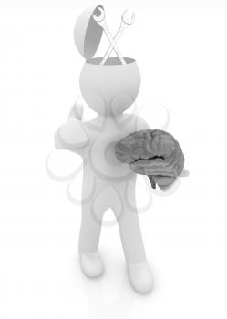 3d people - man with half head, brain and trumb up. Service concept with wrench