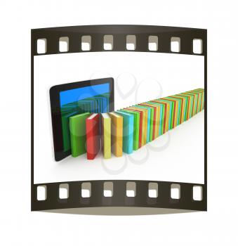 tablet pc and colorful real books on white background. The film strip