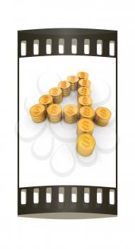 the number four of gold coins with dollar sign on a white background. The film strip