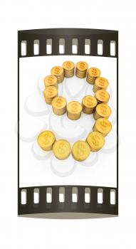 the number nine of gold coins with dollar sign on a white background. The film strip