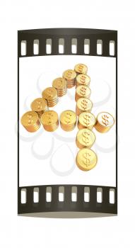 Number four of gold coins with dollar sign isolated on white background. The film strip
