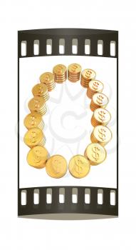 Number zero of gold coins with dollar sign isolated on white background. The film strip