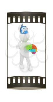 3d people - man with half head, brain and trumb up. Traveling concept with earth. The film strip