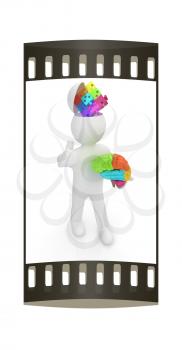 3d people - man with half head, brain and trumb up. Idea concept with puzzle. The film strip