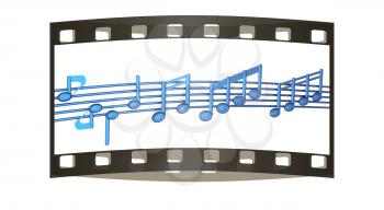 Various music notes on stave. Blue 3d. The film strip