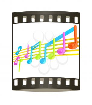 Various music notes on stave. Colorfull 3d. The film strip