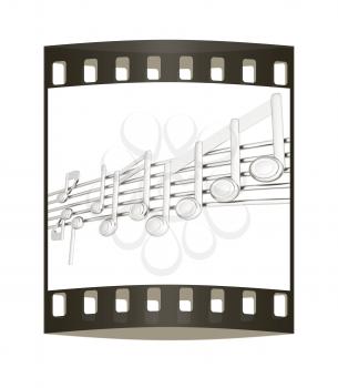Various music notes on stave. Metall 3d. The film strip